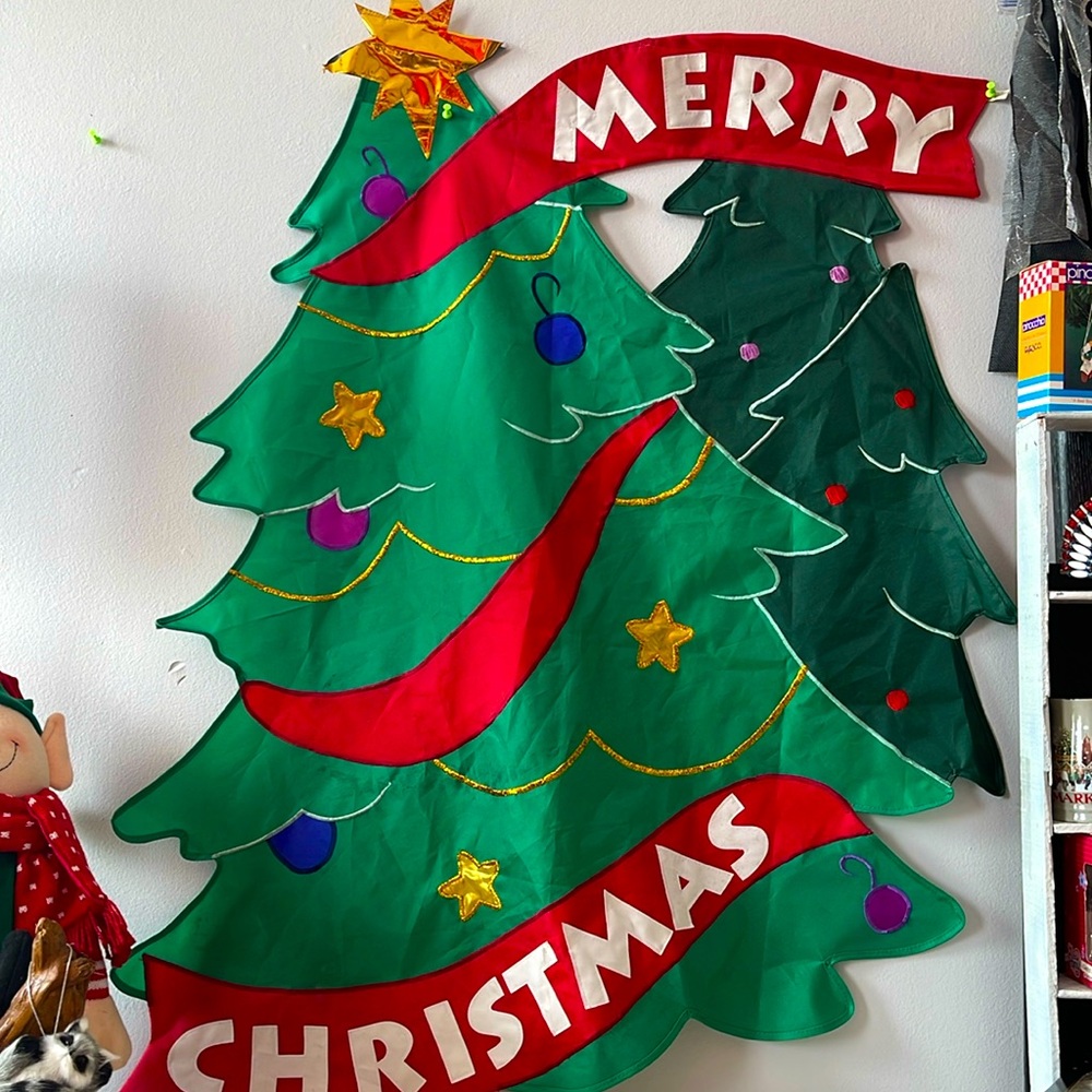 Christmas Tree-shaped outdoor flag decorated with appliqués and embroidery-LARGE